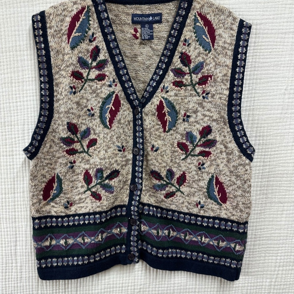 Vintage Mountain Lake Sweater Vest XL Floral Embroidered Cottagecore Cabin Fall - Picture 4 of 7